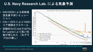 © 2018, Amazon Web Services, Inc. or its Affiliates. All rights reserved.
U.S. Navy Research Lab. による気象予測
https://www.slideshare.net/insideHPC/navgem-on-the-cloud-computational-evaluation-of-cloud-hpc-with-a-global-atmospheric-model
• NAVGEMによる高解像
度気象予測シミュレー
ション
• C5n + EFA により1000+
コア規模までスケール
• 試験的なI/O testではFSx
for Lustreにより高い性
能が得られた （右グラ
フはI/O無し）
 