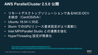 © 2018, Amazon Web Services, Inc. or its Affiliates. All rights reserved.
AWS ParallelCluster 2.5.0 公開
• リモートデスクトップソリューションであるNICE-DCV
を統合（CentOSのみ）
• Ubuntu 18.04 に対応
• Slurm でのGPUリソース要求設定がより柔軟に
• Intel MPI/Parallel Studio との連携を強化
• HyperThreading 設定が簡素化
https://github.com/aws/aws-parallelcluster/releases/tag/v2.5.0
https://aws.amazon.com/jp/blogs/opensource/deploy-hpc-cluster-remote-visualization-single-step-parallelcluster/
 
