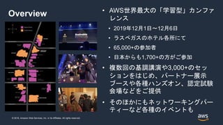 © 2018, Amazon Web Services, Inc. or its Affiliates. All rights reserved.
Overview • AWS世界最大の「学習型」カンファ
レンス
• 2019年12月1日〜12月6日
• ラスベガスのホテル各所にて
• 65,000+の参加者
• 日本からも1,700+の方がご参加
• 複数回の基調講演や3,000+のセッ
ションをはじめ、パートナー展示
ブースや各種ハンズオン、認定試験
会場などをご提供
• そのほかにもネットワーキングパー
ティーなど各種のイベントも
 