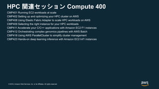 © 2018, Amazon Web Services, Inc. or its Affiliates. All rights reserved.
HPC 関連セッション Compute 400
CMP401 Running EC2 workloads at scale
CMP402 Setting up and optimizing your HPC cluster on AWS
CMP408 Using Elastic Fabric Adapter to scale HPC workloads on AWS
CMP409 Selecting the right instance for your HPC workloads
CMP411 Accelerate your C/C++ applications with Amazon EC2 F1 instances
CMP412 Orchestrating complex genomics pipelines with AWS Batch
CMP418 Using AWS ParallelCluster to simplify cluster management
CMP423 Hands-on deep learning inference with Amazon EC2 Inf1 instances
 