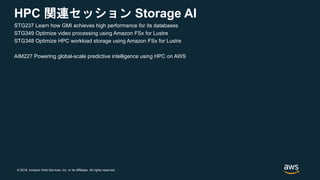 © 2018, Amazon Web Services, Inc. or its Affiliates. All rights reserved.
HPC 関連セッション Storage AI
STG237 Learn how GMI achieves high performance for its databases
STG349 Optimize video processing using Amazon FSx for Lustre
STG348 Optimize HPC workload storage using Amazon FSx for Lustre
AIM227 Powering global-scale predictive intelligence using HPC on AWS
 