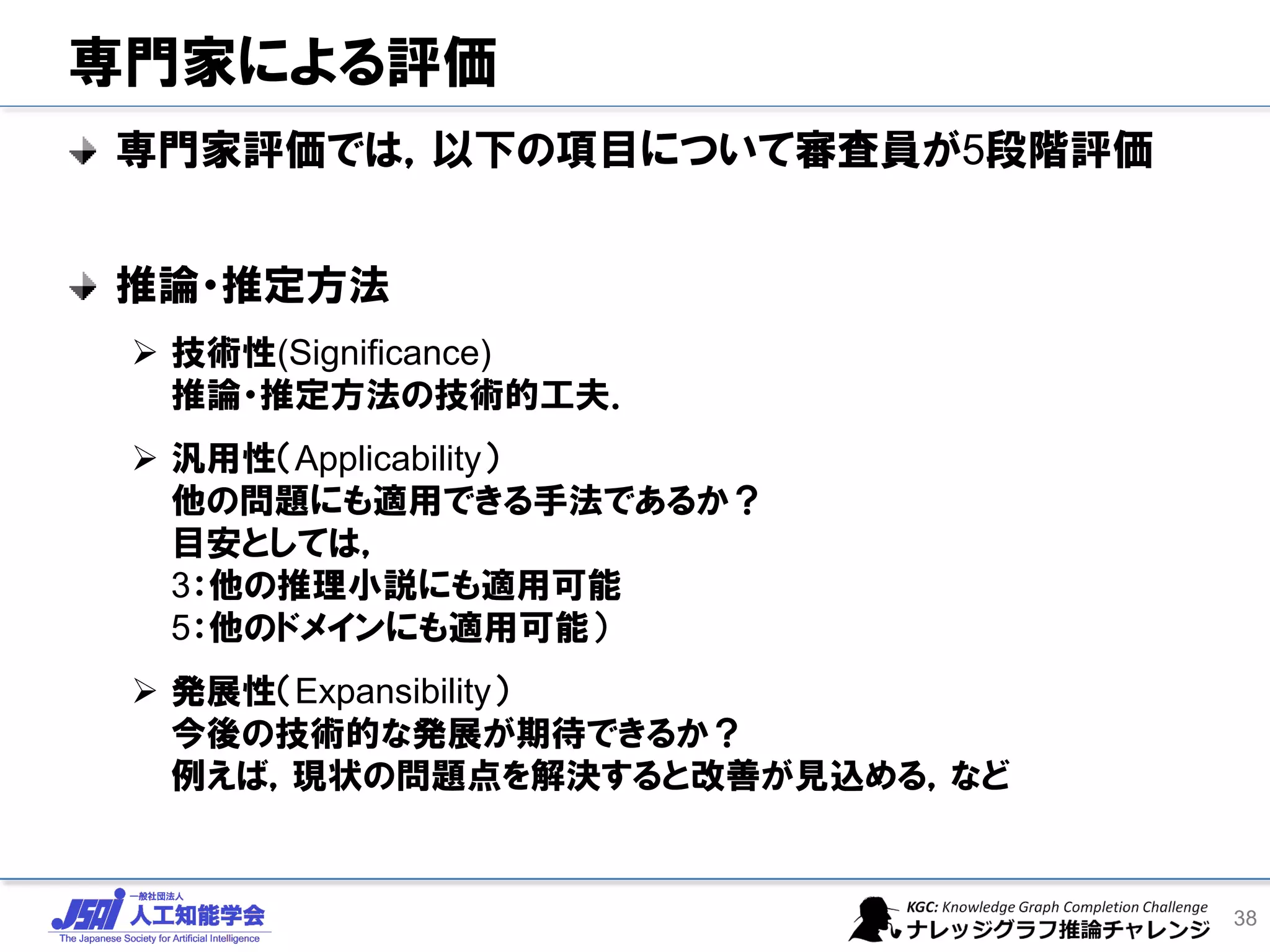 専門家による評価
専門家評価では，以下の項目について審査員が5段階評価
推論・推定方法
➢ 技術性(Significance)
推論・推定方法の技術的工夫．
➢ 汎用性（Applicability）
他の問題にも適用できる手法であるか？
目安としては，
3：他の推理小説にも適用可能
5：他のドメインにも適用可能）
➢ 発展性（Expansibility）
今後の技術的な発展が期待できるか？
例えば，現状の問題点を解決すると改善が見込める，など
38
 
