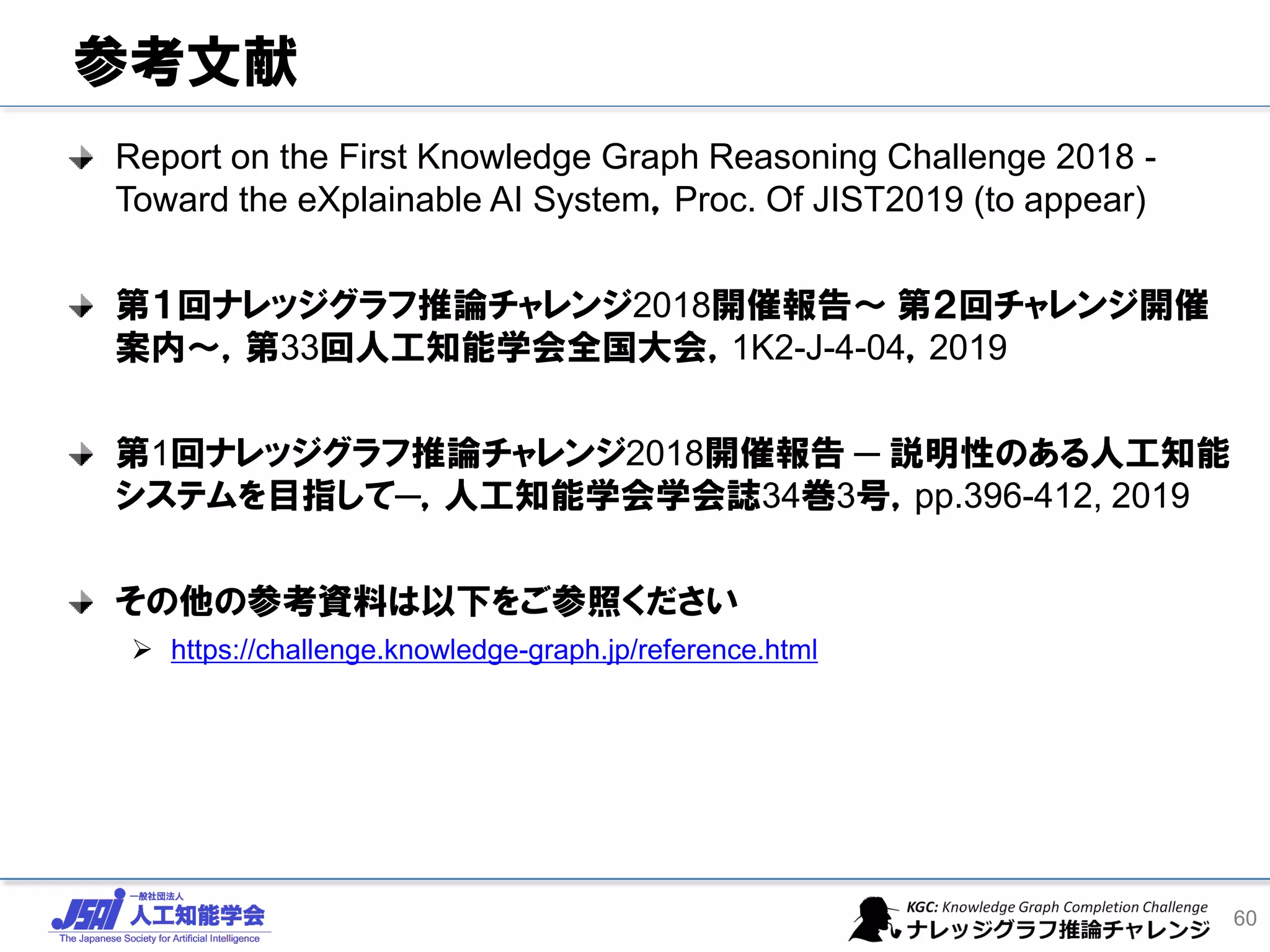 参考文献
Report on the First Knowledge Graph Reasoning Challenge 2018 -
Toward the eXplainable AI System，Proc. Of JIST2019 (to appear)
第１回ナレッジグラフ推論チャレンジ2018開催報告～ 第２回チャレンジ開催
案内～，第33回人工知能学会全国大会，1K2-J-4-04，2019
第1回ナレッジグラフ推論チャレンジ2018開催報告 ─ 説明性のある人工知能
システムを目指して─，人工知能学会学会誌34巻3号，pp.396-412, 2019
その他の参考資料は以下をご参照ください
➢ https://challenge.knowledge-graph.jp/reference.html
60
 