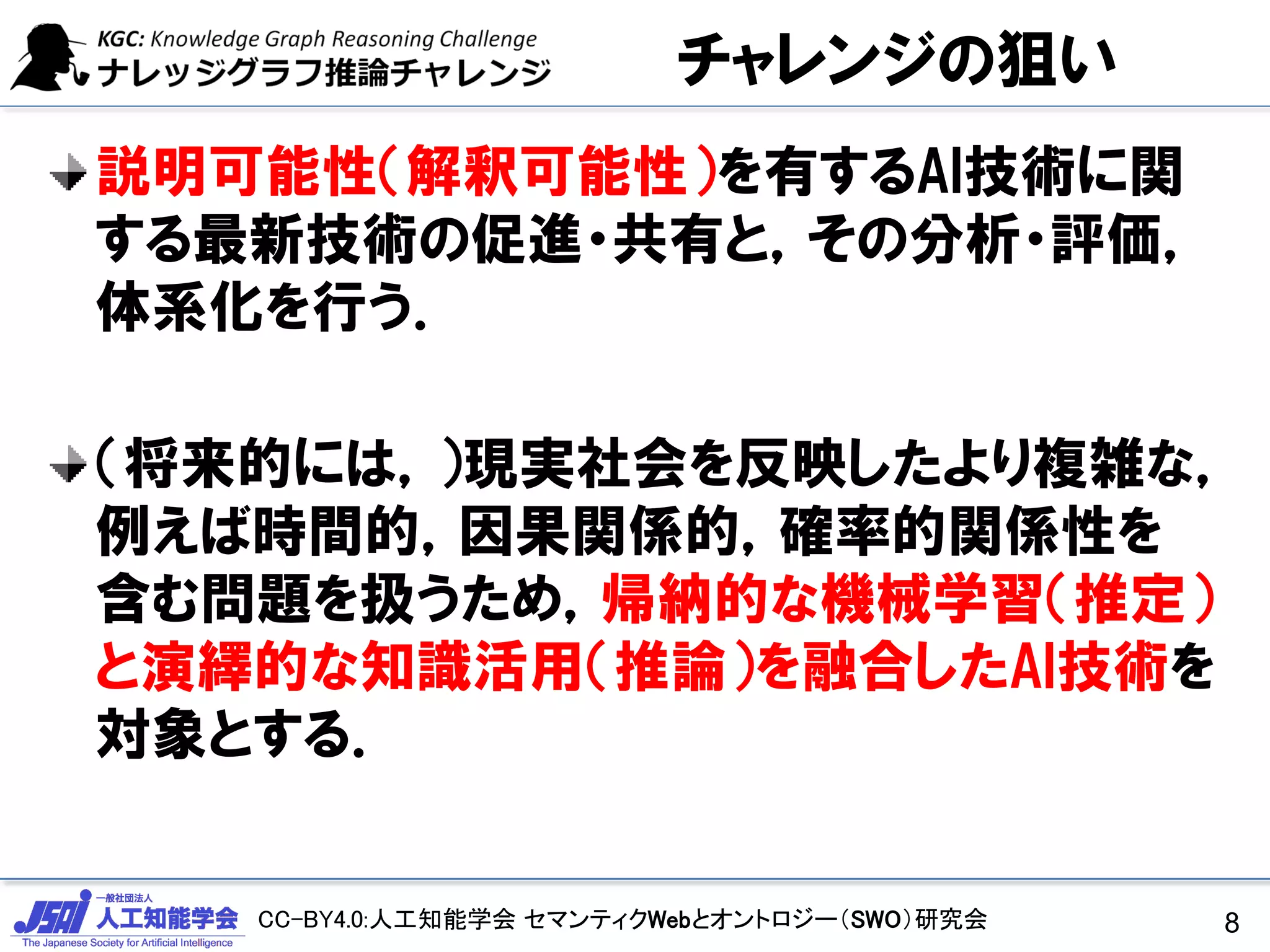 CC-BY4.0:人工知能学会 セマンティクWebとオントロジー（SWO）研究会
チャレンジの狙い
説明可能性（解釈可能性）を有するAI技術に関
する最新技術の促進・共有と，その分析・評価，
体系化を行う．
（将来的には，）現実社会を反映したより複雑な，
例えば時間的，因果関係的，確率的関係性を
含む問題を扱うため，帰納的な機械学習（推定）
と演繹的な知識活用（推論）を融合したAI技術を
対象とする．
8
 