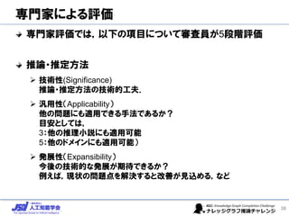 専門家による評価
専門家評価では，以下の項目について審査員が5段階評価
推論・推定方法
➢ 技術性(Significance)
推論・推定方法の技術的工夫．
➢ 汎用性（Applicability）
他の問題にも適用できる手法であるか？
目安としては，
3：他の推理小説にも適用可能
5：他のドメインにも適用可能）
➢ 発展性（Expansibility）
今後の技術的な発展が期待できるか？
例えば，現状の問題点を解決すると改善が見込める，など
38
 