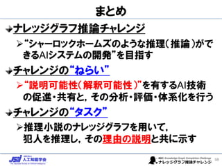 まとめ
ナレッジグラフ推論チャレンジ
➢“シャーロックホームズのような推理（推論）がで
きるAIシステムの開発”を目指す
チャレンジの“ねらい”
➢“説明可能性（解釈可能性）”を有するAI技術
の促進・共有と，その分析・評価・体系化を行う
チャレンジの“タスク”
➢推理小説のナレッジグラフを用いて，
犯人を推理し，その理由の説明と共に示す
58
 