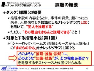 CC-BY4.0:人工知能学会 セマンティクWebとオントロジー（SWO）研究会
タスク（課題）の概要
➢推理小説の内容をもとに，事件の背景，起こった出
来事，人物像などを知識化したナレッジグラフ（LOD）
を用いて，“犯人を推理する”
➢ただし，“その理由をきちんと説明できる”こと！
対象とする推理小説（第1回）
➢「シャーロック・ホームズ」短編シリーズから人気No.1
の「まだらのひも」をナレッジグラフ（LOD）化
6
どのような“推理・推論・説明”に，
どのような“知識・技術”が，どの程度必要か？
を考察するテストケースと位置づけられる．
課題の概要
 