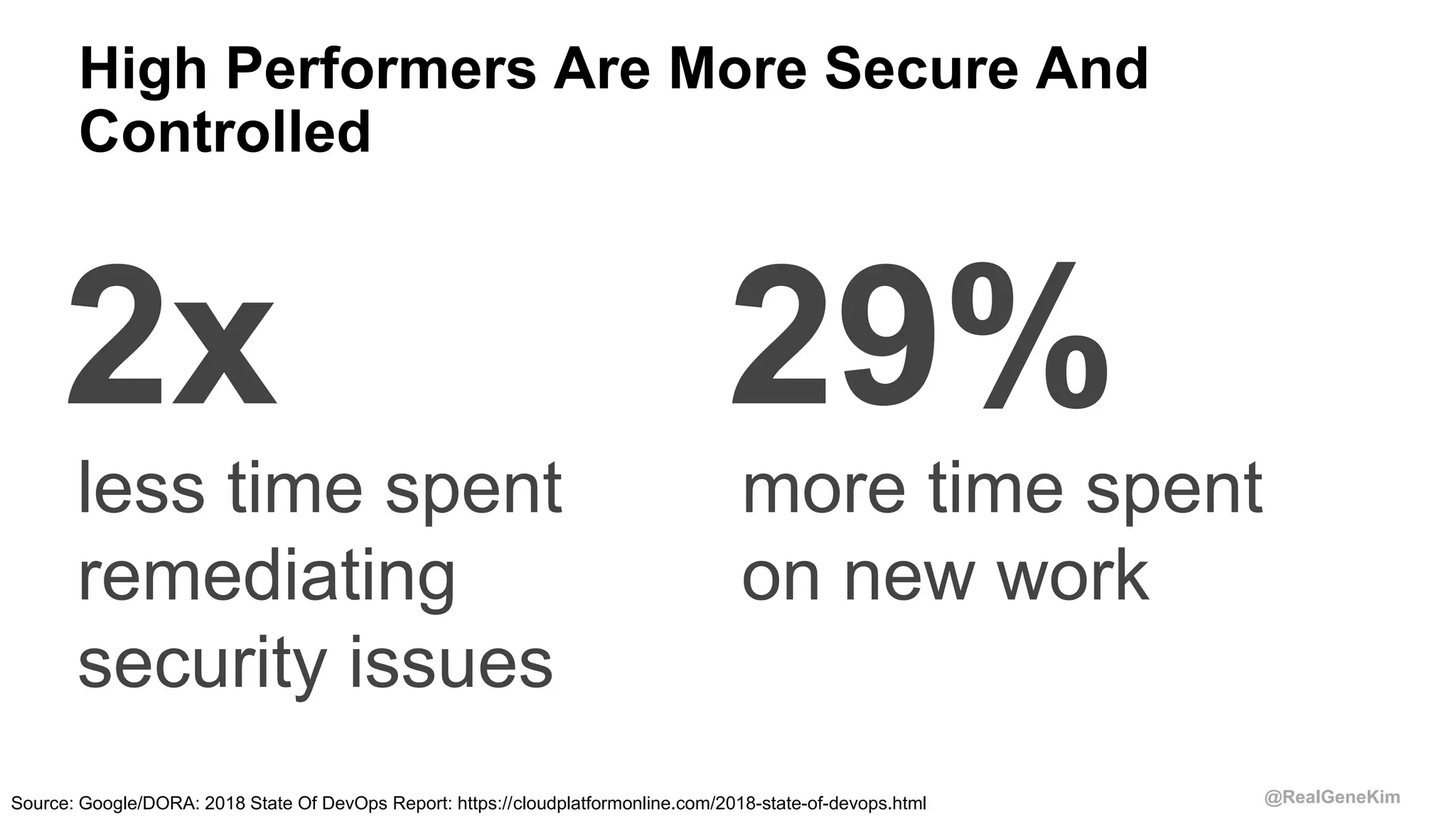 @RealGeneKim
High Performers Are More Secure And
Controlled
2x 29%
less time spent
remediating
security issues
more time spent
on new work
Source: Google/DORA: 2018 State Of DevOps Report: https://cloudplatformonline.com/2018-state-of-devops.html
 