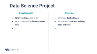 Development
Data Science Project
Science
● When you know what to do
● When things will be done more than
once
● ...
● When you don’t yet know
● When things could end up being
done just once
● ...
 