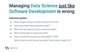 Managing Data Science just like
Software Development is wrong
Infamous quotes:
● “What insights will you be able to derive from this?”
● “How long will the data exploration take?”
● “When can we expect to have a working model?”
● “When will be able to improve by 20%?”
● “How is the MVP accuracy for this problem? 100%
What is your current human accuracy? I don’t know, maybe 70%”
 