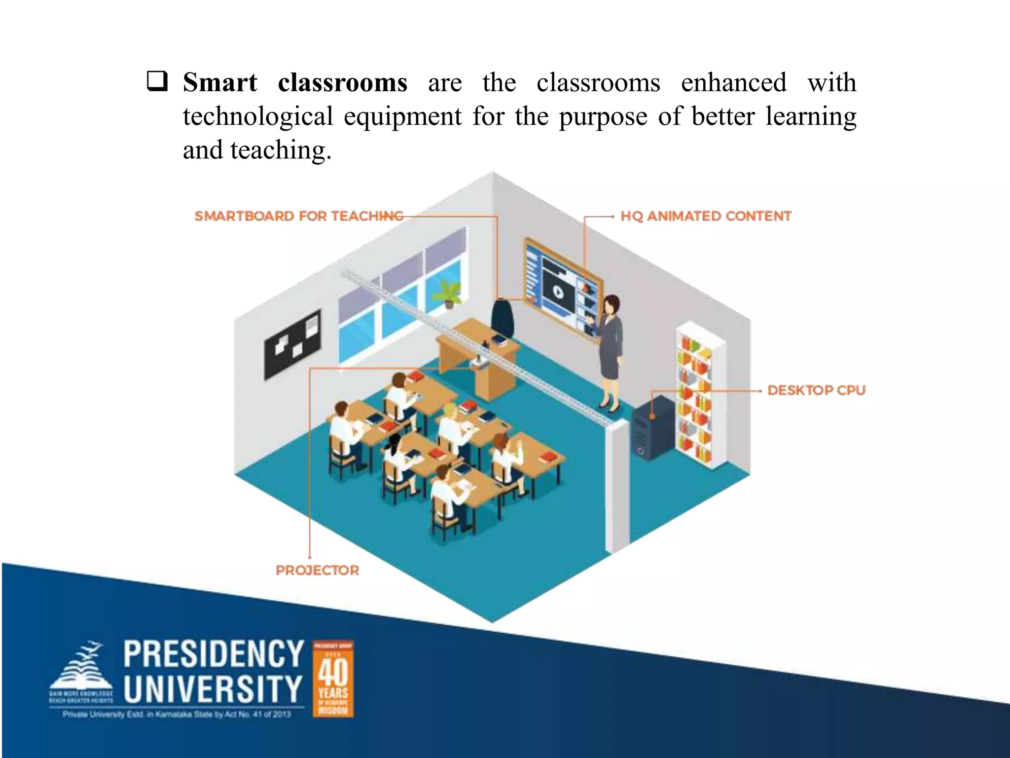  Smart classrooms are the classrooms enhanced with
technological equipment for the purpose of better learning
and teaching.
 