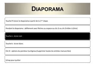 DIAPORAMA
Touche F5 lance le diaporama à partir de la 1ère diapo
Pendant le diaporama : défilement avec flèches ou espace ou clic G ou clic D+Aller à (titre)
Touche n : écran noir
Touche b : écran blanc
Clic D : options du pointeur (surligneur/supprimer toutes les entrées manuscrites)
Echap pour quitter
 