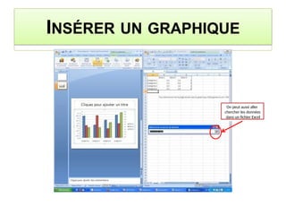 INSÉRER UN GRAPHIQUE
On peut aussi aller
chercher les données
dans un fichier Excel
 