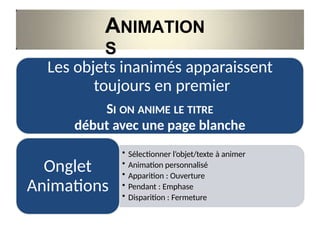ANIMATION
S
Les objets inanimés apparaissent
toujours en premier
SI ON ANIME LE TITRE
début avec une page blanche
• Sélectionner l’objet/texte à animer
• Animation personnalisé
• Apparition : Ouverture
• Pendant : Emphase
• Disparition : Fermeture
Onglet
Animations
 