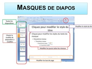 MASQUES DE DIAPOS
Choisir le
modèle de
diapositive à
modifier
Modifier les puces selon les niveaux
Toutes les
diapositives
Modifier le style du titr
Modifier les bas de page
 