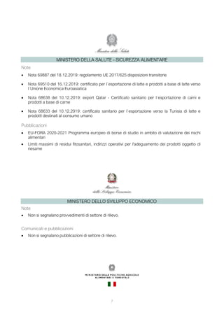 MINISTERO DELLA SALUTE - SICUREZZA ALIMENTARE
Note
• Nota 69887 del 18.12.2019: regolamento UE 2017/625 disposizioni transitorie
• Nota 69510 del 16.12.2019: certificato per l`esportazione di latte e prodotti a base di latte verso
l`Unione Economica Euroasiatica
• Nota 68638 del 10.12.2019: export Qatar - Certificato sanitario per l`esportazione di carni e
prodotti a base di carne
• Nota 68633 del 10.12.2019: certificato sanitario per l`esportazione verso la Tunisia di latte e
prodotti destinati al consumo umano
Pubblicazioni
• EU-FORA 2020-2021 Programma europeo di borse di studio in ambito di valutazione dei rischi
alimentari
• Limiti massimi di residui fitosanitari, indirizzi operativi per l'adeguamento dei prodotti oggetto di
riesame
MINISTERO DELLO SVILUPPO ECONOMICO
Note
• Non si segnalano provvedimenti di settore di rilievo.
Comunicati e pubblicazioni
• Non si segnalano pubblicazioni di settore di rilievo.
7
 