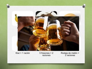 Platano = 2
raciones
Lentejas = 5
raciones
Bocadillo de jamón
= 4 raciones
Kiwi = 1 ración 5 fresones = 2
raciones
Rodaja de melón =
2 raciones
 