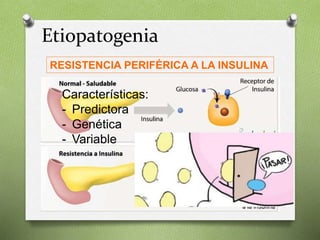 Etiopatogenia
RESISTENCIA PERIFÉRICA A LA INSULINA
Características:
- Predictora
- Genética
- Variable
 