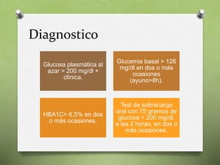 Diagnostico
Glucosa plasmática al
azar > 200 mg/dl +
clínica.
Glucemia basal > 126
mg/dl en dos o más
ocasiones
(ayuno>8h).
HBA1C> 6,5% en dos
o más ocasiones.
Test de sobrecarga
oral con 75 gramos de
glucosa > 200 mg/dl,
a las 2 horas, en dos o
más ocasiones.
 