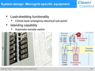 29Making Clean Local Energy Accessible Now
System-design: Microgrid-specific equipment
• Load-shedding functionality
• Critical load/ emergency electrical sub-panel
• Islanding capability
• Automatic transfer switch
 