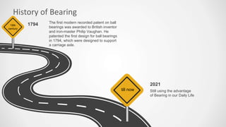 History of Bearing
18th
century
till now Still using the advantage
of Bearing in our Daily Life
2021
The first modern recorded patent on ball
bearings was awarded to British inventor
and iron-master Philip Vaughan. He
patented the first design for ball bearings
in 1794, which were designed to support
a carriage axle.
1794
 