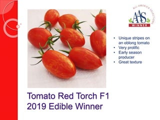 Tomato Red Torch F1
2019 Edible Winner
• Unique stripes on
an oblong tomato
• Very prolific
• Early season
producer
• Great texture
 