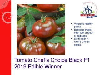 Tomato Chef’s Choice Black F1
2019 Edible Winner
• Vigorous healthy
plants
• Delicious sweet
flesh with a touch
of saltiness
• Sixth color in
Chef’s Choice
series
 