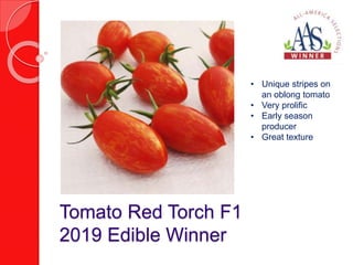 Tomato Red Torch F1
2019 Edible Winner
• Unique stripes on
an oblong tomato
• Very prolific
• Early season
producer
• Grea...