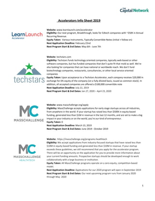 Accelerators Info Sheet 2019
Website: ​www.learnlaunch.com/accelerator
Eligibility: ​Our next program, Breakthrough, looks for Edtech companies with ~250K in Annual
Recurring Revenue.
Equity Taken:​ Various Instruments, Typically Convertible Notes (initial + follow on)
Next Application Deadline:​ February 22nd
Next Program Start & End Dates:​ May 6th - June 7th
Website​: techstars.com
Eligibility:​ Techstars funds technology oriented companies, typically web-based or other
software companies, but has funded companies that don’t quite fit that mold as well. We’re
also looking for companies that can have national or worldwide reach. We don’t fund
biotechnology companies, restaurants, consultancies, or other local service oriented
companies
Equity Taken:​ Upon acceptance to a Techstars Accelerator, each company receives $20,000 in
exchange for 6% equity of the company (on a fully diluted basis, issued as common stock). In
addition, all accepted companies are offered a $100,000 convertible note
Next Application Deadline:​ ​July 22, 2019
Next Program Start & End Dates:​ ​Jan 27, 2020 – April 23, 2020
Website:​ www.masschallenge.org/apply
Eligibility:​ ​MassChallenge accepts applications for early stage startups across all industries,
from anywhere in the world. If your startup has raised less than $500K in equity-based
funding, generated less than $1M in revenue in the last 12 months, and are set to make a big
impact in your industry or on the world, you’re our kind of entrepreneur.
Equity Taken: ​0
Next Application Deadline:​ March 13, 2019
Next Program Start & End Dates: ​June 2019 - October 2019
Website: ​ ​https://masschallenge.org/programs-healthtech
Eligibility: ​We accept applications from industry-focused startups that have raised less than
$10M in equity-based funding and generated less than $10M in revenue. If your startup
exceeds these guidelines, we still recommend that you apply for the accelerator program.
There will be an opportunity on the application for you to provide more information about
your current funding amounts. Prospective startups should be developed enough to work
collaboratively with a large business or institution.
Equity Taken:​ ​All MassChallenge programs operate on a zero-equity, competition-based
model.
Next Application Deadline:​ ​Applications for our 2020 program will open in September 2019
Next Program Start & End Dates: ​Our next upcoming program runs from January 2020
through May 2020
1
 