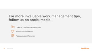 14 workfront.com
Linkedin.com/company/workfront
For more invaluable work management tips,
follow us on social media.
Twitter.com/Workfront
Facebook.com/Workfront
 