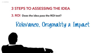 3 STEPS TO ASSESSING THE IDEA
3. ROI Does the idea pass the ROI test?
Relevance, Originality & Impact
 