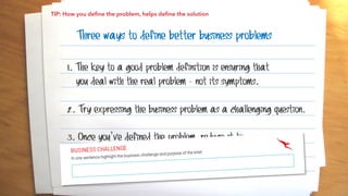 Three ways to define better business problems________________________________________________________________________________________
________________________________________________________________________________________
________________________________________________________________________________________
________________________________________________________________________________________
________________________________________________________________________________________
________________________________________________________________________________________
________________________________________________________________________________________
________________________________________________________________________________________
________________________________________________________________________________________
________________________________________________________________________________________
1. The key to a good problem definition is ensuring that
you deal with the real problem - not its symptoms.
2. Try expressing the business problem as a challenging question.
3. Once you’ve defined the problem, reduce it to
a single sentence.
TIP: How you define the problem, helps define the solution
 