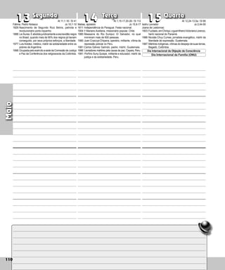 110
Segunda Terça Quarta
110
Maio
Matias, apóstolo
1811: Independência do Paraguai. Festa nacional.
1904:† Mariano Avellana, missionário popular, Chile.
1980:Massacre do Rio Sumpul, El Salvador, no qual
morreram mais de 600 pessoas.
1980:Juan Ccaccya Chipana, operário, militante, vítima da
repressão policial no Peru.
1981:Carlos Gálvez Galindo, padre, mártir, Gua­
te­
mala.
1988: Lavradores mártires pela causa da paz, Ca­
yara, Peru.
1991: Porfírio Suny Quispe, militante e educador, mártir da
justiça e da solidariedade, Peru.
13
13 14
14 15
15
Isidro Lavrador
Joana de Lestonnac
1903:Fuzilado,emChiriqui,oguerrilheiroVic­torianoLorenzo,
herói nacional do Panamá.
1986:Nicolás Chuy Cumes, jornalista evangélico, mártir da
liberdade de expressão, Guatemala.
1987:Mártires indígenas, vítimas do despejo de suas terras,
Bagadó, Colômbia.
Día Internacional da Objeção de Consciência
Dia Internacional da Família (ONU)
Fátima, Pedro Nolasco
1829:Nascimento de Segundo Ruiz Belvis, patriota e
revolucionário porto-riquenho.
1888:Lei Áurea. É abolida juridicamente a escravidão negra
no Brasil, quando mais de 95% dos negros já haviam
conseguido, por seus próprios esforços, a liberdade.
1977:Luis Aredez, médico, mártir da solidariedade entre os
pobres da Argentina.
1998:Ocupada pelo exército a sede da Comissão de Justiça
e Paz da Conferência dos religiosos/as da Colômbia.
At 11,1-18 / Sl 41
Jo 10,1-10
At 1,15-17.20-26 / Sl 112
Jo 15,9-17
At 12,24-13,5a / Sl 66
Jo 2,44-50
 