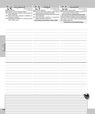 112
Segunda Terça Quarta
112
Maio
Felícia e Gisela, João Eliot
1897:Morre em Puerto Plata, Gregório Luperón, herói da
Independência da República Domini­
cana.
1981:PedroAguilarSantos,sacerdote,mártir pela causa dos
pobres,Guatemala.
1991:Irene Mc’Cormack, missionária, e companheiros,
mártires pela causa da paz, Peru.
20
20 21
21 22
22
Dia Mundial da Diversidade Cultural (ONU)
Joaquina Vedruna, Rita de Cássia
1965: Brasil envia 280 soldados, solicitados pelos EUA, em
apoio ao golpe em Santo Domingo.
Dia Internacional da Biodiversidade (ONU)
Estão em perigo de extinção 22% das espécies de
mamíferos,23%dosanfíbiose25%dosrépteis.Em
todo mundo, entre 1970 e 2005 a biodiversidade
tem cedido quase 30%.
Dia Mundial da Diversidade Biológica
Bernardino de Siena
1506:Colombo morre em Valladolid, Espanha.
1981:Pedro Aguilar Santos, sacerdote, mártir da causa dos
pobres, Guatemala.
1993:Carlos Andrés Pérez, presidente da República da
Venezuela, é destituído.
1998: Assassinado em Pesqueira, PE, Francisco de Assis
Araújo, cacique xukuru.
At 14,5-18 / Sl 113
Jo 14,21-26
At 14,19-28 / Sl 144
Jo 14,27-31a
At 15,1-6 / Sl 121
Jo 15,1-8
 