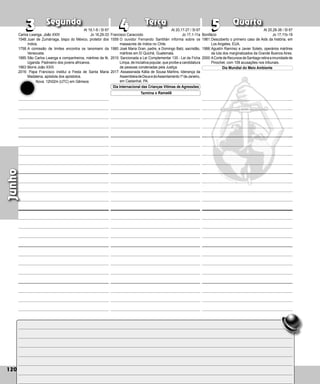 120
Segunda Terça Quarta
120
Francisco Caracciolo
1559:O ouvidor Fernando Santillán informa sobre os
massacres de índios no Chile.
1980:José Maria Gran, padre, e Domingo Batz, sa­
cristão,
mártires em El Quiché, Guatemala.
2010: Sancionada a Lei Complementar 135 - Lei da Ficha
Limpa, de iniciativa popular, que proíbe a candidatura
de pessoas condenadas pela Justiça.
2017: Assassinada Kátia de Sousa Martins, liderança da
AssembleiadeDeusedoAssentamento1ºdeJaneiro,
em Castanhal, PA.
3
3 4
4 5
5
Dia Internacional das Crianças Vítimas de Agressões
Bonifácio
1981:Descoberto o primeiro caso de Aids da história, em
Los Angeles, EUA.
1988:Agustín Ramírez e Javier Sotelo, operários mártires
da luta dos marginalizados da Grande Buenos Aires.
2000:ACortedeRecursosdeSantiagoretiraaimuni­dadede
Pinochet, com 109 acusações nos tribunais.
Dia Mundial do Meio Ambiente
Junho
Carlos Lwanga, João XXIII
1548:Juan de Zumárraga, bispo do México, protetor dos
índios.
1758:A comissão de limites encontra os Ianomami da
Venezuela.
1885:São Carlos Lwanga e companheiros, mártires da fé,
Uganda. Padroeiro dos jovens africanos.
1963:Morre João XXIII.
2016: Papa Francisco institui a Festa de Santa Maria
Madalena, apóstola dos apóstolos.
At 19,1-8 / Sl 67
Jo 16,29-33
Nova: 12h02m (UTC) em Gêmeos
At 20,17-27 / Sl 67
Jo 17,1-11a
Termina o Ramadã
At 20,28-38 / Sl 67
Jo 17,11b-19
 