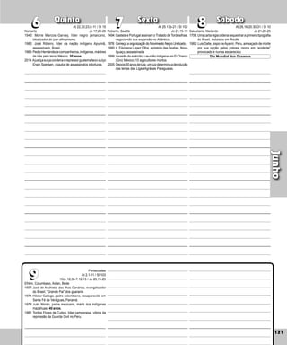 121
Quinta Sexta Sábado
Efrém, Columbano, Aidan, Bede
1597:José de Anchieta, das Ilhas Canárias, evange­
lizador
do Brasil, “Grande Pai” dos guaranis.
1971:Héctor Gallego, padre colombiano, desapare­
cido em
Santa Fé de Veráguas, Panamá.
1979:Juán Morán, padre mexicano, mártir dos indí­
genas
mazahuas. 40 anos.
1981:Toribia Flores de Cutipa, líder camponesa, vítima da
repressão da Guarda Civil no Peru.
121
Junho
8
8
9
9
7
7
6
6 Roberto, Seattle
1494:Castela e Portugal assinam o Tratado de Torde­silhas,
negociando sua expansão no Atlântico.
1978: Começa a organização do Movimento Negro Unificado.
1990:Ir. Filomena López Filha, apóstola das favelas, Nova
Iguaçu, assassinada.
1998: Invasão do exército à reunião indígena em El Charco
(Gro) México: 10 agricultores mortos.
2005:Depois30anosdeluta,umjuizdeterminaadevolu­ção
das terras das Ligas Agrárias Paraguaias.
Norberto
1940: Morre Marcos Garvey, líder negro jamaicano,
idealizador do pan-africanismo.
1980: José Ribeiro, líder da nação indígena Apurinã,
assassinado, Brasil.
1989:PedroHernándezecompanheiros,indígenas,mártires
da luta pela terra, México. 30 anos.
2014:Ajustiçasuíçacondenaorepressorguatemalteco-suíço
Erwin Sperisen, coautor de assassinatos e torturas.
Salustiano, Medardo
1706:Umacartarégiaordenasequestraraprimeiratipografia
do Brasil, instalada em Recife.
1982: Luis Dalle, bispo deAyaviri, Peru, ameaçado de morte
por sua opção pelos pobres, morre em “acidente”
provocado e nunca esclarecido.
Dia Mundial dos Oceanos
At 22,30;23,6-11 / Sl 15
Jo 17,20-26
At 25.13b-21 / Sl 102
Jo 21,15-19
At 28,16-20.30-31 / Sl 10
Jo 21,20-25
Pentecostes
At 2,1-11 / Sl 103
1Cor 12,3b-7.12-13 / Jo 20,19-23
 