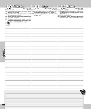 122
Segunda Terça Quarta
122
Junho
Barnabé
1980: Ismael Enrique Pineda, promotor da Caritas, e com­‑
panheiros, são desaparecidos em El Salvador.
1987: Assassinado Paulo Fonteles, Ananindeua, PA,
advogado da CPT.
10
10 11
11 12
12
Gaspar, João de Sahagún
1514: É feita pela primeira vez a leitura do “Requeri­
mento”
(aocaciqueCatarapa),navozdeJuanAyora,nacosta
de Santa Marta.
1935: Fim da Guerra do Chaco.
1981: Assassinado Joaquim Neves Norte, advogado do
Sindicato dos Trabalhadores Rurais de Navi­
raí, MS.
Críspulo e Maurício
1521:Os índios destroem a missão de Cumaná, Vene­zuela,
construída por Las Casas.
1835:Aprovada a pena de morte contra o escravo que mate
ou moleste seu senhor, Brasil.
1992:Norman Pérez Bello, militante, mártir da fé e da opção
pelos pobres na Colômbia.
2002: O ex-presidente Luis Echeverria acusado de genocídio
nomassacredosestudantesdeTlatelolco,México1968.
Crescente: 07h59m (UTC) em Virgem
2Cor 1,1-7 / Sl 33
Mt 5,1-12
At 11,21b-26;13,1-3 / Sl 97
Mt 10,7-13
2Cor 2,4-11 / Sl 98
Mt 5,17-19
 