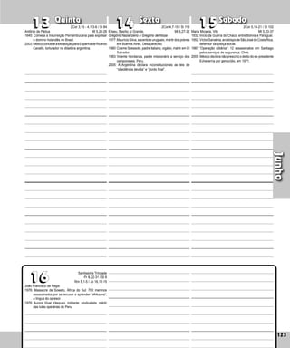 123
Quinta Sexta Sábado
João Francisco de Regis
1976: Massacre de Soweto, África do Sul: 700 meninos
assassinados por se recusar a aprender “afrika­
ans”,
a língua do opresor.
1976: Aurora Vivar Vásquez, militante, sindicalista, mártir
das lutas operárias do Peru.
123
Junho
15
15
16
16
14
14
13
13
Antônio de Pádua
1645: Começa a Insurreição Pernambucana para ex­
pulsar
o domíno holandês no Brasil.
2003:MéxicoconcedeaextradiçãoparaEspanhadeRicardo
Cavallo, torturador na ditadura argentina.
Maria Micaela, Vito
1932:Início da Guerra do Chaco, entre Bolívia e Paraguai.
1952:VíctorSanabria,arcebispodeSãoJosédaCos­taRica,
defen­
sor da justiça social.
1987:“Operação Albânia”: 12 assassinatos em Santiago
pelos serviços de segurança. Chile.
2005: México declara não prescrito o delito do ex-presidente
Echeverría por genocídio, em 1971.
Eliseu; Basílio, o Grande,
Gregório Nazianzeno e Gregório de Nissa
1977:Maurício Silva, sacerdote uruguaio, mártir dos pobres
em Buenos Aires. Desaparecido.
1980:Cosme Spessoto, padre italiano, vigário, mártir em El
Salvador.
1983:Vicente Hordanza, padre missionário a serviço dos
camponeses, Peru.
2005: A Argentina declara inconstitucionais as leis de
“obe­
diência devida” e “ponto final”.
2Cor 3,15 - 4,1.3-6 / Sl 84
Mt 5,20-26
2Cor 4,7-15 / Sl 115
Mt 5,27-32
2Cor 5,14-21 / Sl 102
Mt 5,33-37
Santíssima Trindade
Pr 8,22-31 / Sl 8
Rm 5,1-5 / Jo 16,12-15
 