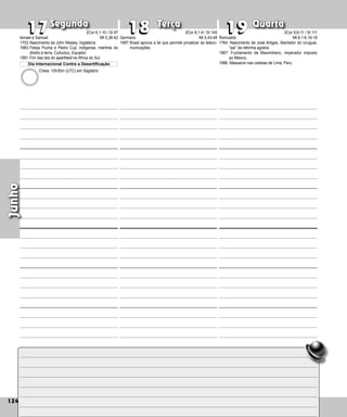 124
Segunda Terça Quarta
124
Junho
Germano
1997:Brasil aprova a lei que permite privatizar as teleco-
municações.
17
17 18
18 19
19
Romualdo
1764: 
Nascimento de José Artigas, libertador do Uruguai,
“pai” da reforma agrária.
1867: Fuzilamento de Maximiliano, imperador imposto
ao México.
1986: Massacre nas cadeias de Lima, Peru.
Ismael e Samuel
1703:Nascimento de John Wesley, Inglaterra.
1983:Felipa Pucha e Pedro Cuji, indígenas, mártires do
direito à terra, Culluctuz, Equador.
1991:Fim das leis do apartheid na África do Sul.
Dia Internacional Contra a Desertificação
2Cor 6,1-10 / Sl 97
Mt 5,38-42
Cheia: 10h30m (UTC) em Sagitário
2Cor 8,1-9 / Sl 145
Mt 5,43-48
2Cor 9,6-11 / Sl 111
Mt 6,1-6.16-18
 