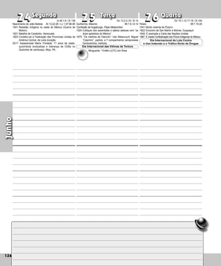 126
Segunda Terça Quarta
126
Junho
Guilherme, Máximo
Confissão de Augsburgo, Filipe Melanchton
1524:Colóquio dos sacerdotes e sábios astecas com “os
doze apóstolos do México”.
1975: “Os mártires de Olancho”: Iván Betancourt, Miguel
“Casimiro”, padres, e 7 com­
panheiros camponeses
hondurenhos, mártires.
24
24 25
25 26
26
Pelaio
1541:Morte violenta de Pizarro.
1822:Encontro de San Martín e Bolívar, Guayaquil.
1945: É assinada a Carta das Nações Unidas.
1987: É criada Confederação dos Povos Indígenas do México.
Dia Internacional da Luta Contra
o Uso Indevido e o Tráfico Ilícito de Drogas
Dia Internacional das Vítimas de Tortura
Nascimento de João Batista
1541:Rebelião indígena no oeste do México (Guerra de
Mixton).
1821:Batalha de Carabobo, Venezuela.
1823:Constitui-se a Federação das Províncias Unidas da
América Central, de curta duração.
2017: Assassinada Maria Trindade, 71 anos de idade,
quilombola sindicalista e liderança de CEBs no
Quilombo de Jambuaçú, Moju, PA.
Is 49,1-6 / Sl 138
At 13,22-26 / Lc 1,57-66.80
Gn 13,2.5-18 / Sl 14
Mt 7,6.12-14
Minguante: 11h46m (UTC) em Áries
Gn 15,1-12.17-18 / Sl 104
Mt 7,15-20
 