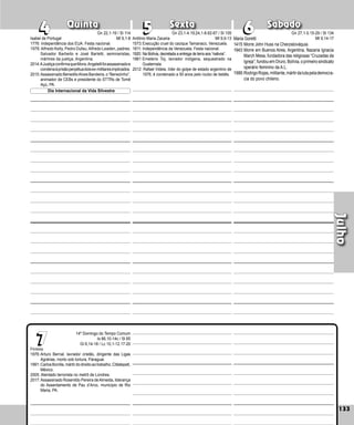 133
Quinta Sexta Sábado
Firmino
1976:Arturo Bernal, lavrador cristão, dirigente das Ligas
Agrárias, morto sob tortura, Paraguai.
1991:CarlosBonilla,mártirdodireitoaotrabalho,Citlatepetl,
México.
2005: Atentado terrorista no metrô de Londres.
2017:Assassinado Rosenildo Pereira deAlmeida, liderança
do Assentamento de Pau d’Arco, município de Rio
Maria, PA.
133
Julho
6
6
7
7
5
5
4
4
14º Domingo do Tempo Comum
Is 66,10-14c / Sl 65
Gl 6,14-18 / Lc 10,1-12.17-20
Isabel de Portugal
1776: Independência dos EUA. Festa nacional.
1976:Alfredo Kelly, Pedro Dufau,Alfredo Leaden, padres;
Salvador Barbeito e José Barletti, seminaristas,
mártires da justiça, Argentina.
2014:AJustiçaconfirmaqueMons.Angelellifoiassassinadoe
condenaàprisãoperpétuadoisex-militaresimplicados.
2015:Assassinado BeneditoAlves Bandeira, o “Benezinho”,
animador de CEBs e presidente do STTRs de Tomé
Açú, PA.
Maria Goretti
1415:Morre John Huss na Checoslováquia.
1943:Morre em Buenos Aires, Argentina, Nazaria Ignacia
March Mesa, fundadora das religiosas “Cruzadas da
Igreja”;fundouemOruro,Bolívia,oprimeirosindicato
operário feminino da A.L.
1986:RodrigoRojas,militante,mártirdalutapelademocra­
cia do povo chileno.
Antônio Maria Zacaria
1573:Execução cruel do cacique Tamanaco, Vene­
zuela.
1811: Independência da Venezuela. Festa nacional.
1920: Na Bolívia, decretada a entrega de terra aos “nativos”.
1981:Emeterio Toj, lavrador indígena, sequestrado na
Guatemala.
2012: Rafael Videla, líder do golpe de estado argentino de
1976, é condenado a 50 anos pelo roubo de bebês.
Dia Internacional da Vida Silvestre
Gn 22,1-19 / Sl 114
Mt 9,1-8
Gn 23,1-4.19;24,1-8.62-67 / Sl 105
Mt 9,9-13
Gn 27,1-5.15-29 / Sl 134
Mt 9,14-17
 