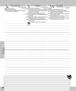 134
Segunda Terça Quarta
134
Julho
8
8 10
10
9
9
S. Paulina; Rosário de Chiquinquirá
1816: No Congresso de Tucumán,Argentina, as Províncias
Unidas do Rio da Prata declaram sua independência
da Espanha. Festa Nacional
1821:SanMartínproclamaa independência do Peru.
1880:Joaquim Nabuco funda a Sociedade Brasileira contra
a Escravidão.
1920: Pedro Lessa, estivador, lutador pelos direitos dos
trabalhadores, preso e morto na prisão, Recife.
2015: 2º Encontro Mundial dos Movimentos Populares com
o Papa Francisco.
Cristóvão
1509:Nascimento de Calvino na França.
1973:Independência das Bahamas. Festa nacional.
1980:Faustino Villanueva, padre espanhol, mártir do povo
indígena de El Quiché, Guate­
mala.
1988:Joseph Lafontant, advogado, mártir da defesa dos
direitos humanos no Haiti.
1993: Morre Rafael Maroto Pérez, incansável lutador por
justiça e liberdade no Chile, sacerdote.
2002: Descobre-se em Chade um crânio de 7 milhões de
anos de homídio mais antigo conhecido.
Eugênio, Adriano, Priscila
1538:Morte violenta de Almagro.
1991:MartínAyala, mártir da solidariedade dos marginaliza-
dos do seu povo salva­
dorenho.
Gn 28,10-22a / Sl 90
Mt 9,18-26
Gn 32,23-33 / Sl 16
Mt 9,32-38
Crescente: 12h55m (UTC) em Capricórnio
Gn 41,55-57;42,5-7.17-24a / Sl 32
Mt 10,1-7
 