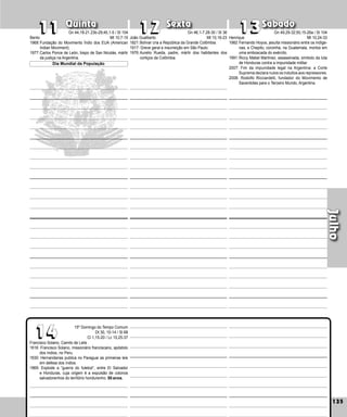 135
Quinta Sexta Sábado
Francisco Solano, Camilo de Lelis
1616: Francisco Solano, missionário franciscano, apóstolo
dos índios, no Peru.
1630: Hernandarias publica no Paraguai as primeiras leis
em defesa dos índios.
1969: Explode a “guerra do futebol”, entre El Salvador
e Honduras, cuja origem é a expulsão de colonos
salvadorenhos do território hondurenho. 50 anos.
135
Julho
13
13
14
14
12
12
11
11
15º Domingo do Tempo Comum
Dt 30, 10-14 / Sl 68
Cl 1,15-20 / Lc 10,25-37
Henrique
1982:Fernando Hoyos, jesuíta missionário entre os indíge­
nas, e Chepito, coroinha, na Guatemala, mortos em
uma emboscada do exército.
1991:Riccy Mabel Martínez, assassi­
nada, símbolo da luta
de Hon­
duras contra a impunidade militar.
2007: Fim da impunidade legal na Argentina: a Corte
Suprema declara nulos os indultos aos repressores.
2008: Rodolfo Ricciardelli, fundador do Movimento de
Sacerdotes para o Terceiro Mundo, Argentina.
João Gualberto
1821:Bolívar cria a República da Grande Colômbia.
1917: Greve geral e insurreição em São Paulo.
1976:Aurelio Rueda, padre, mártir dos habitantes dos
cortiços da Colômbia.
Bento
1968:Fundação do Movimento Índio dos EUA (Ameri­
can
Indian Moviment).
1977:Carlos Ponce de León, bispo de San Nicolás, mártir
da justiça na Argentina.
Dia Mundial da População
Gn 44,18-21.23b-29;45,1-5 / Sl 104
Mt 10,7-15
Gn 46,1-7.28-30 / Sl 36
Mt 10,16-23
Gn 49,29-32;50,15-26a / Sl 104
Mt 10,24-33
 