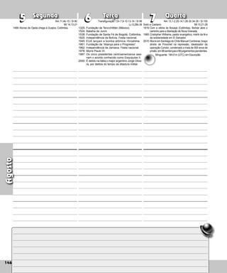 146
Segunda Terça Quarta
146
5
5 6
6 7
7
1325: Fundação de Tenochtitlán (México).
1524: Batalha de Junín.
1538: Fundação de Santa Fé de Bogotá, Colômbia.
1825: Independência da Bolívia. Festa nacional.
1945: EUA lançam a bomba atômica. Hiros­
hima.
1961: Fundação da “Aliança para o Progresso”.
1962: Independência da Jamaica. Festa nacional.
1978: Morre Paulo VI.
1987: Os cinco presidentes centroamericanos as­
si­
nam o acordo conhecido como Esquipulas II.
2000: É detido na Itália o major argentino Jorge Olive­
ra, por delitos do tempo da ditadura militar.
Sisto e Caetano
1819:Com a vitória de Bocayá (Colômbia), Bolívar abre o
caminho para a libertação de Nova Granada.
1985:Cristopher Williams, pastor evangélico, mártir da fé e
da solidariedade em El Salvador.
2015: Morre em Santiago do Chile Manuel Contreras, braço
direito de Pinochet na repressão, idealizador da
operação Condor, condenado a mais de 500 anos de
prisão,em58sentençase56julgamentospendentes.
Transfiguração / Dn 7,9-10.13-14 / Sl 96
Lc 9,28b-36
Agosto
1499:Alonso de Ojeda chega à Guajira, Co­
lôm­
bia.
Nm 11,4b-15 / Sl 80
Mt 14,13-21
Nm 13,1-2.25-14,1.26-30.34-35 / Sl 105
Mt 15,21-28
Minguante: 19h31m (UTC) em Escorpião
 