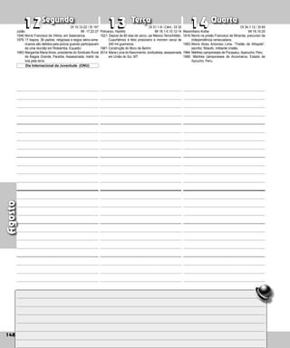 148
Segunda Terça Quarta
148
Agosto
12
12 13
13 14
14
Policarpo, Hipólito
1521: Depois de 80 dias de cerco, cai México-Tenochtitlán,
Cuauhtémoc é feito prisioneiro e morrem cerca de
240 mil guerreiros.
1961:Construção do Muro de Berlim.
2014: Maria Lúcia do Nascimento, sindicalista, assassinada
em União do Sul, MT.
Maximiliano Kolbe
1816:Morre na prisão Francisco de Miranda, precursor da
independência venezuelana.
1983:Morre Alceu Amoroso Lima, “Tristão de Athay­
de”,
escritor, filósofo, militante cristão.
1984: Mártires camponeses de Pucayacu, Ayacucho, Peru.
1985: Mártires camponeses de Accomarca, Estado de
Aycucho, Peru.
Julião
1546:Morre Francisco de Vitória, em Salamanca.
1976:17 bispos, 36 padres, religiosas e leigos latino-ame-
ricanos são detidos pela polícia quando participavam
de uma reunião em Riobam­
ba, Equador.
1983:Margarida Maria Alves, presidente do Sindicato Rural
de Alagoa Grande, Paraíba. Assassinada, mártir da
luta pela terra.
Dia Internacional da Juventude (ONU)
Dt 10,12-22 / Sl 147
Mt 17,22-27
Dt 31.1-8 / Cânt.: Dt 32
Mt 18,1-5.10.12-14
Dt 34,1-12 / Sl 65
Mt 18,15-20
 