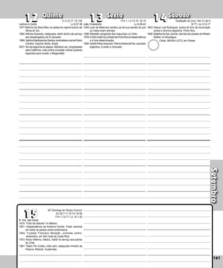 Setembro
Quinta Sexta Sábado
N. Sra. das Dores
1810: “Grito de Dolores” no México.
1821: Independência da América Central. Festa na­
cio­
nal
em todos os países centro-americanos.
1842: Fuzilado Francisco Morazán, unionista centro-
-americano, em San José da Costa Rica.
1973: Arturo Hillerns, médico, mártir do serviço aos pobres
do Chile.
1981: Pedro Pio Cortés, índio achi, catequista minis­
tro da
Palavra, Rabinal, Guate­
mala.
161
14
14
15
15
13
13
12
12
24º Domingo do Tempo Comum
Ex 32,7-11.13-14 / Sl 50
1Tm 1,12-17 / Lc 15,1-32
João Crisóstomo
1549:Juán de Betanzos retratou-se de sua opinião de que
os índios eram animais.
1589:Rebelião sangrenta dos mapuches no Chile.
1978:AONUreafirmaodireitodePortoRicoàindependência
e à livre determinação.
1980:AdolfoPérezEsquivel,PrêmioNobeldaPaz,arquiteto
argentino, é preso e torturado.
Leôncio e Guido
1977:Martírio de Steve Biko na cadeia do regime branco da
África do Sul.
1982:AlfonsoAcevedo, catequista, mártir da fé e do serviço
aos desabrigados de El Salvador.
1989:ValdícioBarbosadosSantos,sindicalistaruraldePedro
Canário, Espírito Santo, Brasil.
2001: No dia seguinte ao ataque, Bárbara Lee, congressista
pela Califórnia, vota contra conceder a Bush poderes
especiais para invadir o Afeganistão.
1843: Nasce Lola Rodríguez, autora do hino da in­
surrei­
ção
contra o domínio espanhol. Porto Rico.
1856: Batalha de San Jacinto, derrota dos piratas de William
Walker na Nicarágua.
Exaltação da Cruz / Nm 21,4b-9
Sl 77 / Jo 3,13-17
Cl 3,12-17 / Sl 150
Lc 6,27-38
1Tm 1,1-2.12-14 / Sl 15
Lc 6,39-42
Cheia: 06h32m (UTC) em Peixes
 