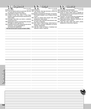 Setembro
Segunda Terça Quarta
162
Roberto Belarmino
1645: Juan Macías, irmão leigo dominicano, servi­
dor dos
pobres no Peru colonial.
AssassinadasequeimadaspeloPMAragão,emGoianésia,
PAas santas: Elizabete (1 ano e 4 meses) e Elineuza
(4 anos)
1980: Morre em acidente aéreo Augusto Cotto, batista
salvadorenho, lutador popular.
1981:JohnDavidTroyer,missionárionorte-america­no,mártir
da justiça na Guatemala.
1982:Alirio, Carlos e Fabián Buitrago, Giraldo Ramí­
rez e
Marcos Marín, lavradores, catequis­
tas, de Cocorná,
Colômbia, assas­sinados.
1983:Julián Bac, ministro da Palavra, e Guadalu­
pe Lara,
catequista, mártires, Guatemala.
16
16 17
17 18
18
José de Cupertino, Dag Hammarskjold
1810:Independência do Chile. Festa Nacional.
1945:Decreto de Getúlio Vargas reabre a imi­
gração de
pessoasquepreservemnacomposiçãoétnicadopaís
sua “ascendência europeia”.
1969:“Rosariaço”. As forças policiais são subjugadas pela
cidadania, em Rosário, Argentina. 50 anos.
1998: Miguel Angel Quiroga, marianista, assassinado por
paramilitares, Chocó, Colômbia.
2006: Jorge Julio López, lutador pelos DDHH, primeiro
desaparecido na democracia, Argentina.
Cornélio e Cipriano
1501:O Rei da Espanha autoriza ao governador das ilhas
do Caribe para levar escravos negros.
1821:Independência do México. Festa nacional.
1931:Fundada em São Paulo, Brasil, a Frente Negra
Brasileira, posteriormente fechada violentamente por
Getúlio Vargas.
1955:Insurreição cívico-militar que derrota o presidente
constitucional Perón.
1980:Assassinados François e Vicente de Pádua Justo pelo
PM Aragão, em Abel Figueiredo, PA.
1983:Guadalupe Carney, jesuíta, assassinado pelo exército
hondurenho. Leia sua autobiografia no:
servicioskoinonia.org/biblioteca
Dia Internacional pela Camada de Ozônio (ONU)
1Tm 2,1-8 / Sl 27
Lc 7,1-10
1Tim 3,1-13 / Sl 100
Lc 7,11-17
1Tm 3,14-16 / Sl 110
Lc 7,31-35
 