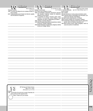 Outubro
Quinta Sexta Sábado
Eduardo
1987: 106 famílias dos sem-terra ocupam fazendas em
vá­
rios pontos do Rio Grande do Sul.
173
12
12
11
11
10
10
28º Domingo do Tempo Comum
2Rs 5,14-17 / Sl 97
2Tm 2,8-13 / Lc 17,11-19
13
13
Soledad Torres Acosta
1531:Morre Ulrico Zwinglio na Suíça.
1629:Luis de Bolaños, missionário, franciscano, precursor
das reduções indígenas, tradutor do catecismo,
apóstolo do povo guarani.
1810: O arcebispo do méxico, Francisco Javier Lizana,
confirma a ex-comunhão contra Hidalgo e seus
seguidores, por pedir a independência do México
1962: Começa o Concilio Vaticano II.
1976:MartaGonzálezdeBaronettoecompanheiros,mártires
do serviço, Córdoba, Argentina.
1983:BenitoHernándezecompanheiros,indígenas,mártires
da terra em Hidalgo, México.
Tomás de Vilanova
1987:Iº Encontro dos Negros do sul e sudeste do Brasil, no
Rio de Janeiro.
2007: Cadeia perpétua para Christian Von Wernich, capelão
dos torturadores na Argentina.
N. Senhora Aparecida
Dia da Criança
Pilar e Serafin
Grito dos excluídos em vários países da América Latina.
1492:Colombo avista na madrugada a Ilha Gaunahani, que
chama San Salvador (hoje Watling).
1925:600 marines desembarcam no Panamá.
1958:Primeiros contatos com os Ayoreos, Paraguai.
1976:Assassinado João Bosco Penido Burnier, missionário
jesuíta, mártir em Ribeirão-Cascalheira, MT.
1983:Marco Antonio Orozco, pastor evangélico, mártir da
causa dos pobres na Guatemala.
Ml 3,13-20a / Sl 1
Lc 11,5-13
Jl 1,13-15;2,1-2 / Sl 9
Lc 11,15-26
Est 5,1b-2;7,2b-3 / Sl 44
Ap 12,1.5.13a.15-16a / Jo 2,1-11
Cheia: 11h34m (UTC) em Câncer
 