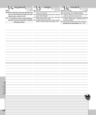 Outubro
Terça Quarta
Segunda
174
Teresa de Ávila
1535:Pedro de Mendoza penetra pelo Rio da Prata com 12
navios e 15 mil homens.
1980: OPresidenteFigueiredoexpulsadoBrasilosacerdote
italiano Victor Miracapillo.
1994:Aristide volta ao poder no Haiti, após a interrupção
do golpe militar de Raul Cédras.
2008: O general Sergio Arellano Stark, chefe da Caravana
da Morte, é enviado à prisão 35 anos depois, Chile.
16
16
14 15
15
14 Margarida M. Alacoque
1952: É criada a Conferência Nacional dos Bispos do Brasil.
1992:Prêmio Nobel da Paz a Ri­
goberta Menchú.
1997: Fulgêncio Manuel da Silva, líder sindical, assas­
sinado, em Santa Maria da Boa Vista.
1998: Pinochet é detido em Londres. Mais de 3.100 pessoas
torturadas, assas­
sinadas ou desaparecidas nos 17
anos da sua ditadura.
2008: Garzón abre a primera causa contra o franquismo.
Dia Mundial da Alimentação (FAO, 1979)
Calixto
1964:MartinLutherKingJr.tornou-seoganhadormais
jovem do Prêmio Nobel da Paz pela sua luta não
violenta contra o racismo nos UA.
1973: 77 universitários mortos e centenas feridos por
demandarumgovernodemocráticonaTailândia.
Rm 1,1-7 / Sl 97
Lc 11,29-32
Festa judia do Suckot
Rm 1,16-25 / Sl 18
Lc 11,37-41
Rm 2,1-11 / Sl 61
Lc 11,42-46
 