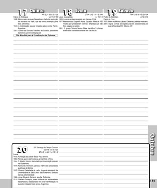 Outubro
Quinta Sexta Sábado
Laura
1548:Fundação da cidade de La Paz, Bolívia.
1883:Fim da guerra de fronteiras entre Chile e Peru.
1944:O ditador Ubico é derrubado por insurreição popular
na Guatemala.
1975:Raimundo Hermann, pároco, mártir dos camponeses
quéchuas da Bolívia.
1978: Oliverio Castañeda de León, dirigente estudantil da
Universidade de São Carlos da Guate­
mala. Símbolo
da luta pela liberdade.
1988: Jorge Eduardo Serrano, jesuíta, Colômbia.
2010: Mariano Ferreyra, jovem militante da solidariedade
trabalhadora, assassinado em uma manifestação. O
suposto instigador está preso. Argentina.
175
19
19
20
20
18
18
17
17
29º Domingo do Tempo Comum
Ex17,8-13 / Sl 120
2Tm 3,14-4,2 / Lc 18,1-8
Lucas evangelista
1859: Levante antiescravagista em Kansas, EUA.
1977:Massacre do Engenho Aztra, Equador. Mais de 100
mortos por protestarem contra a empresa que não
lhes pagava o salário.
1991: O grupo Tortura Nunca Mais identifica 3 vítimas
enterradas clandestinamente em São Paulo.
Inácio de Antioquia
1806: Morre Jean-Jacques Dessalines, chefe da revolução
de escravos no Haiti, que se tornou exemplo para
toda a América.
1945: A mobilização popular impede golpe contra Perón,
Argentina.
2003: Queda de Gonzalo Sánchez de Lozada, presidente
da Bolívia, por levante popular.
Pedro de Alcântara
Paulo da Cruz
1970: Morre no México Lázaro Cárdenas, patriota mexicano.
2001: Digna Ochoa, advogada popular, assassinada por
sua defesa dos DH, México, DF.
Dia Mundial para a Erradicação da Pobreza
Rm 3,21-30a / Sl 129
Lc 11,47-54
2Tim 4,10-17b / Sl 144
Lc 10,1-9
Rm 4,13.16-18 / Sl 104
Lc 12,8-12
 